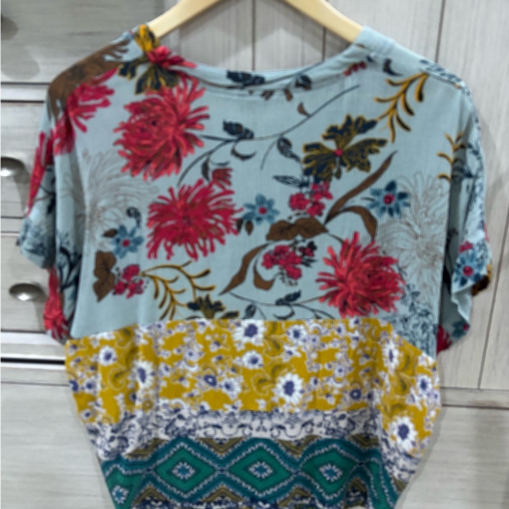Umgee Multicolor Patchwork Floral Blouse With Tie - image 3